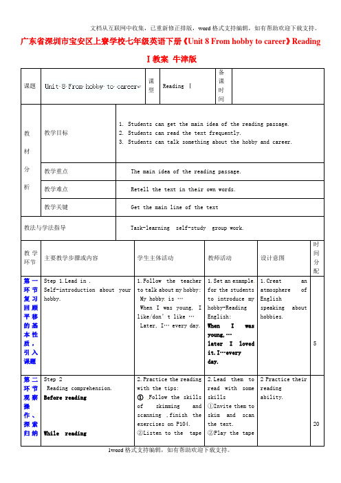 七年级英语下册Unit8FromhobbytocareerReadingⅠ教案牛津版