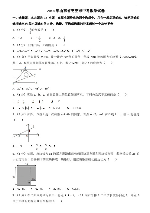 2018年山东省(枣庄、淄博)中考数学试题(共2套 附答案)