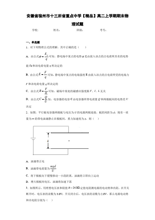 高中安徽省宿州市十三所省重点中学高二上学期期末物理试题[答案解析]