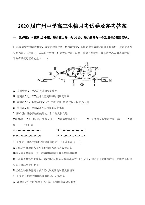 2020届广州中学高三生物月考试卷及参考答案