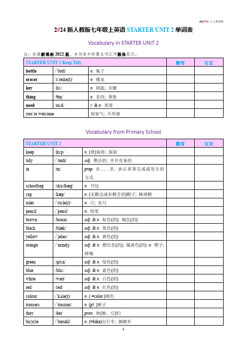 2024新人教版英语七年级上STARTER UNIT 2 Keep Tidy单词表