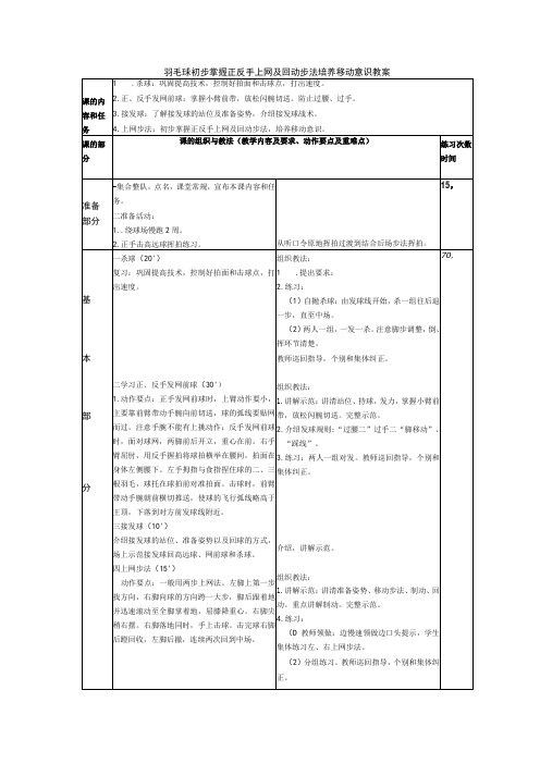 羽毛球初步掌握正反手上网及回动步法培养移动意识教案