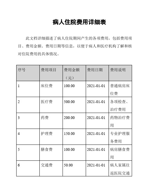 病人住院费用详细表