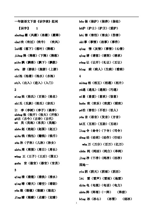 【最新】部编本人教版小学整理版一年级语文下册《识字表》生字带拼音三词Word版