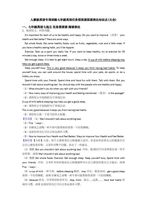 人教版英语专项训练七年级英语任务型阅读阅读表达知识点(大全)