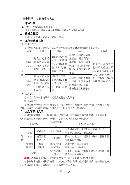 必修2第一章第四节地域文化与人口 文化背景与人口(讲义)