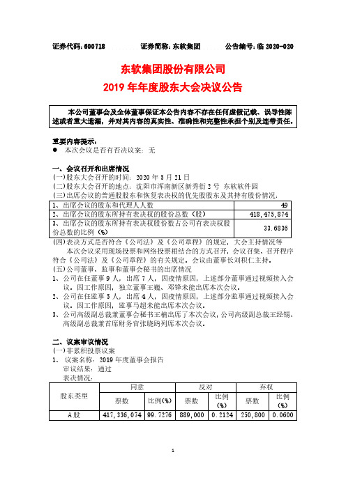 东软集团：2019年年度股东大会决议公告