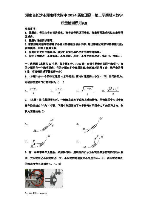 湖南省长沙市湖南师大附中2024届物理高一第二学期期末教学质量检测模拟试题含解析