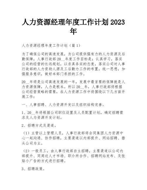 人力资源经理年度工作计划2023年