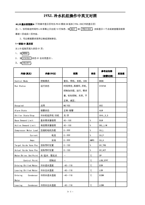 开利19l冷水机组操作中英文对照和故障信息