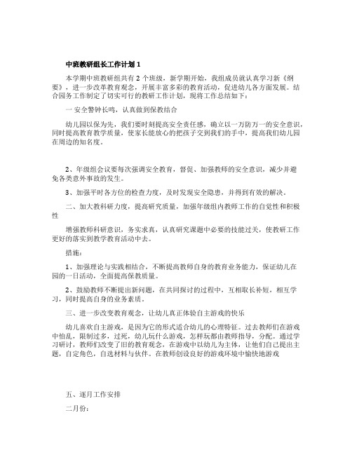 中班教研组长工作计划5篇