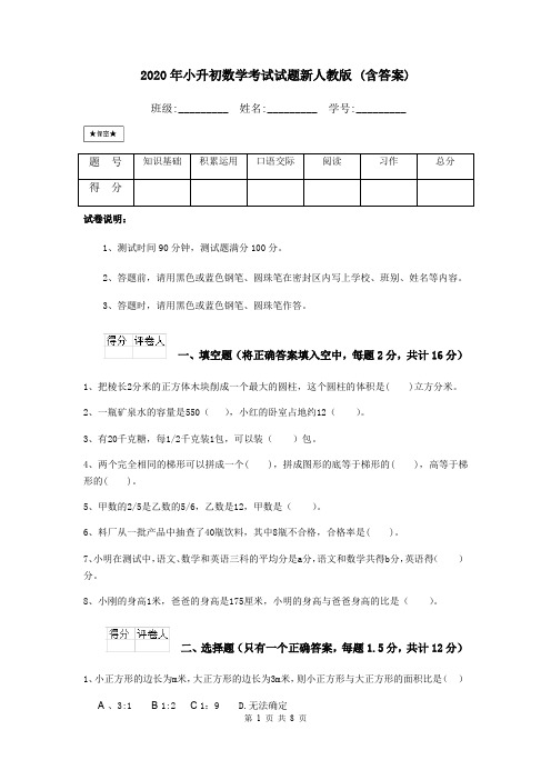 2020年小升初数学考试试题新人教版 (含答案)