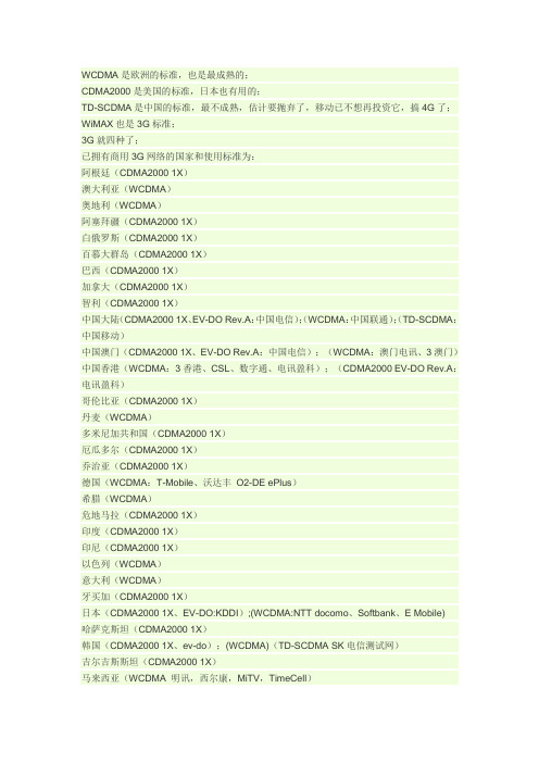 3G网络已拥有商用的国家和使用标准