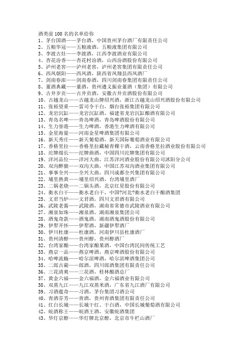 酒类前100名的名单