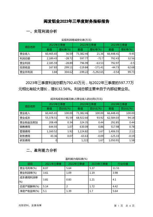 002578闽发铝业2023年三季度财务指标报告