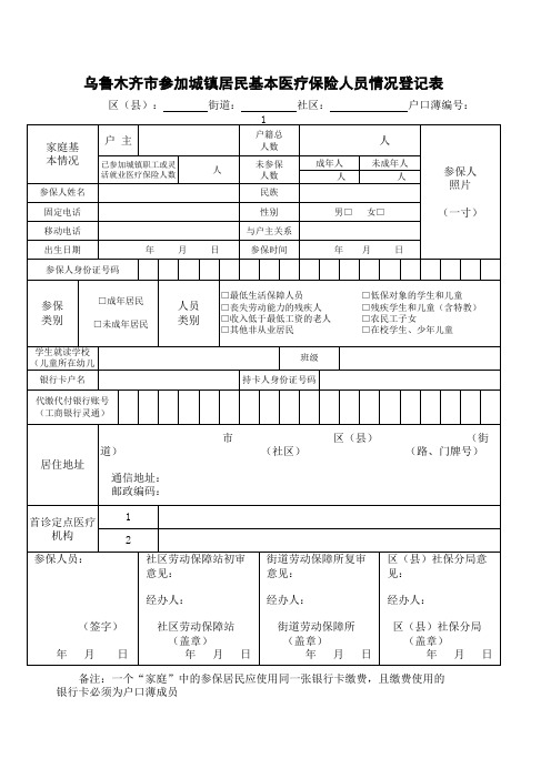 乌鲁木齐市参加城镇居民基本医疗保险人员情况登记表