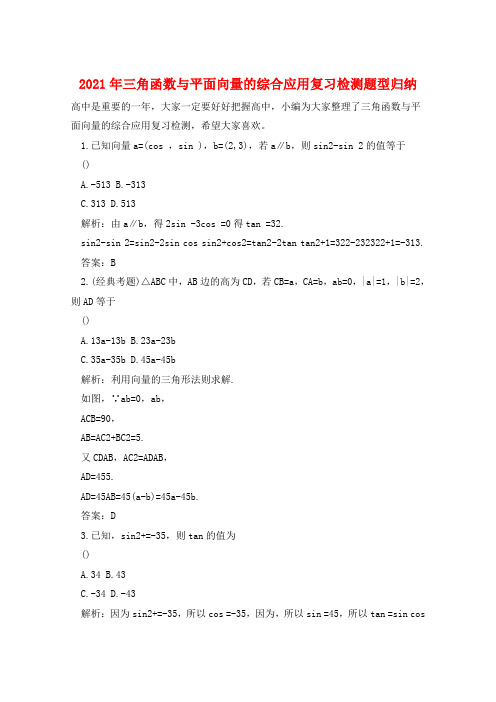 2021年三角函数与平面向量的综合应用复习检测题型归纳  