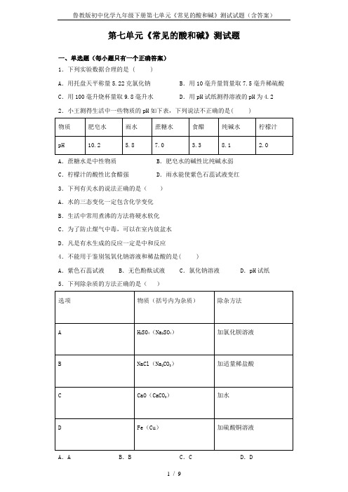 鲁教版初中化学九年级下册第七单元《常见的酸和碱》测试试题(含答案)