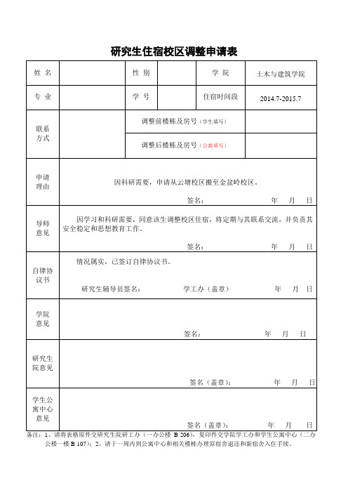 长沙理工大学研究生住宿校区调整申请表