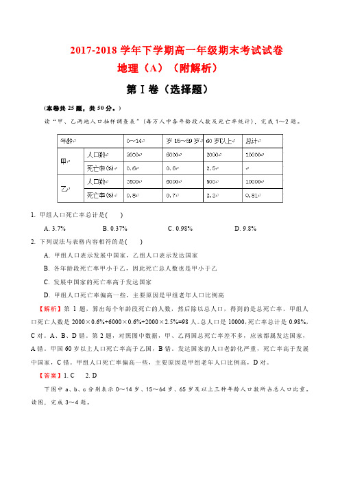 2017-2018学年下学期高一年级期末考试试卷地理(A)(附解析)