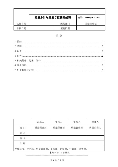 药品生产企业管理文件 SMP-QA-001-02 质量方针与质量目标管理规程