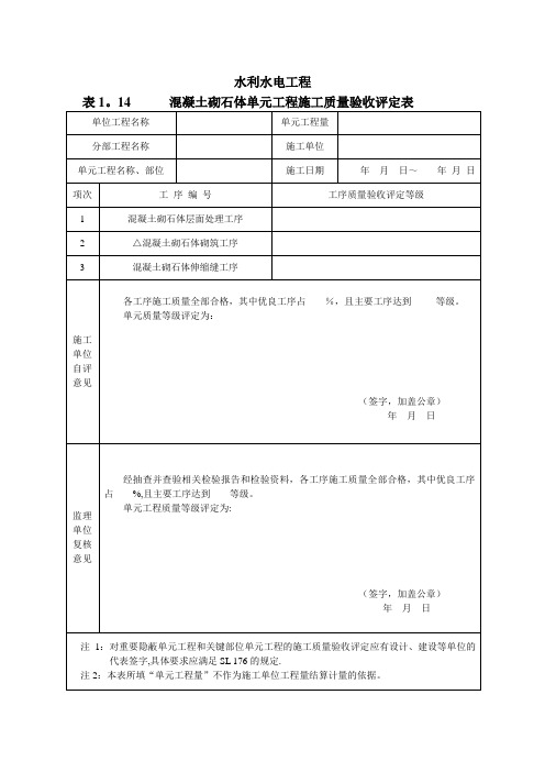 水利水电工程混凝土砌石体单元工程施工质量验收评定表