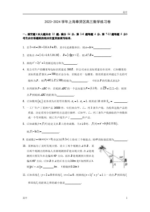 2024届上海奉贤区高三一模数学试卷和答案