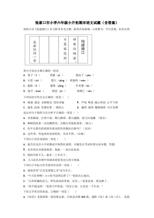 张家口市小学六年级小升初期末语文试题(含答案)