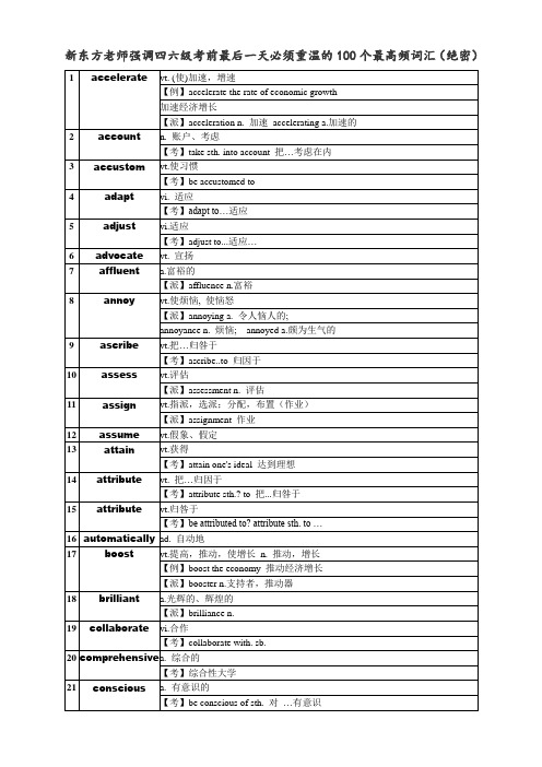 新东方老师强调四级考前最后一天必须重温的100个最高频词汇(绝密).doc.doc.doc