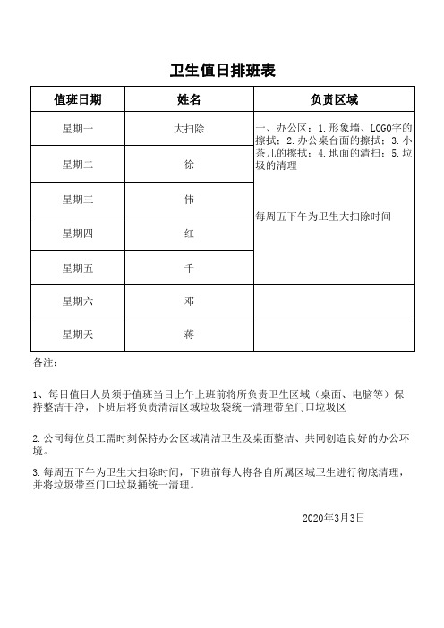 新冠疫情卫生值日排班表