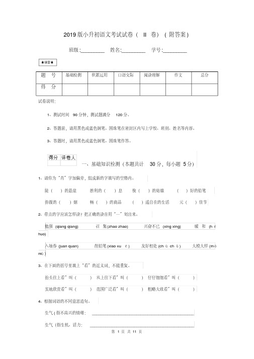 2019版小升初语文考试试卷(II卷)(附答案)