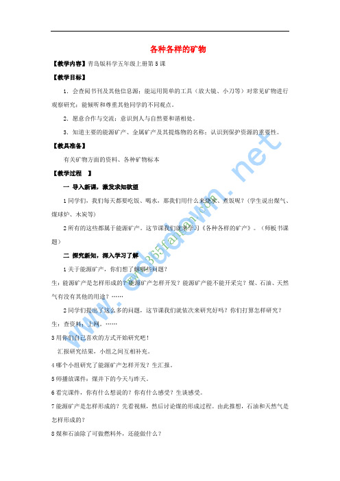 五年级科学上册 各种各样的矿物教案1 青岛版