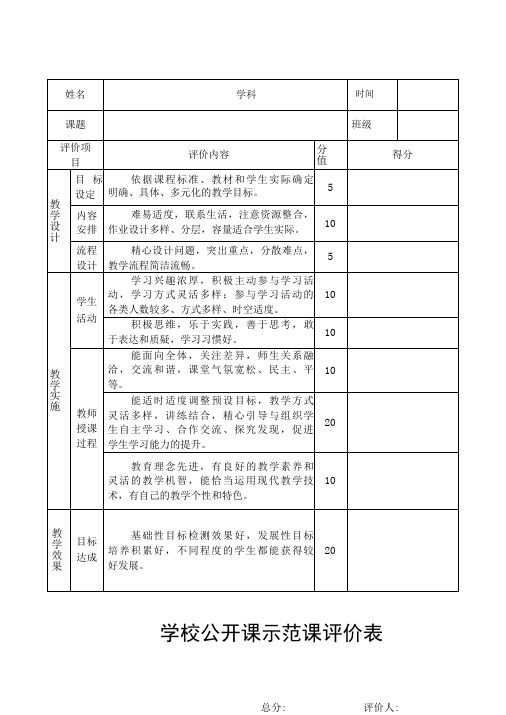 学校公开课示范课评价表