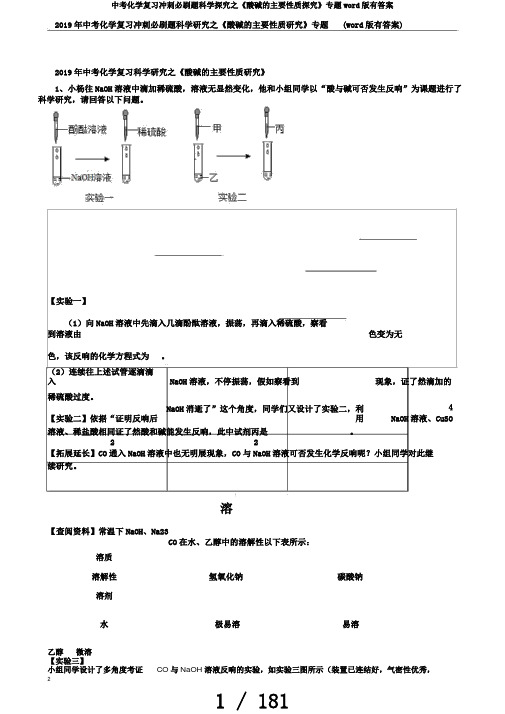 中考化学复习冲刺必刷题科学探究之《酸碱的主要性质探究》专题word版有答案