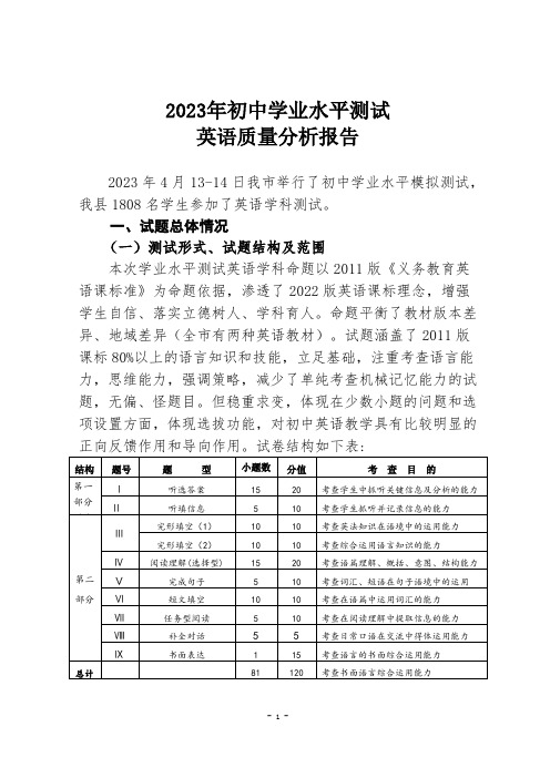 2023 年初中学业水平测试(中考)英语评卷分析报告模板