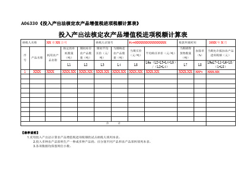 《投入产出法核定农产品增值税进项税额计算表》(填写样例)