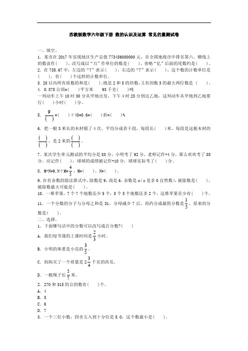 (精品)苏教版六年级下册数学试卷- 数的认识及运算 常见的量测 (含答案)