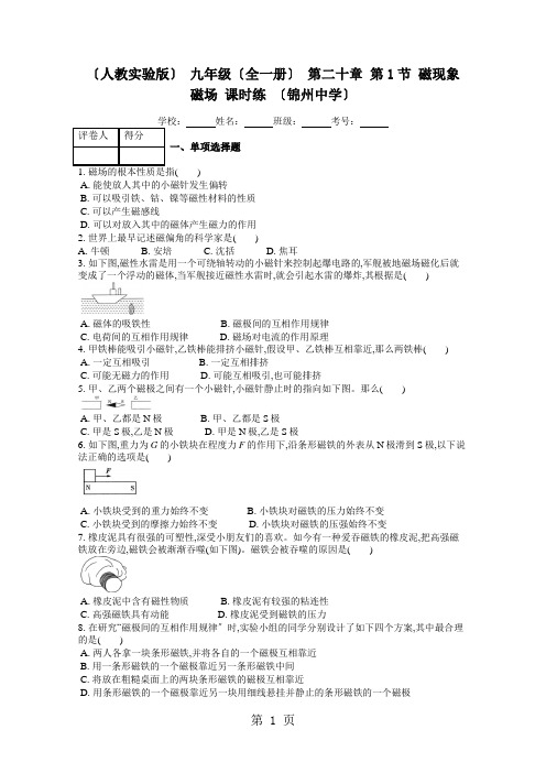 (人教实验版) 九年级(全一册) 第二十章 第1节 磁现象 磁场 课时练 (锦州中学)