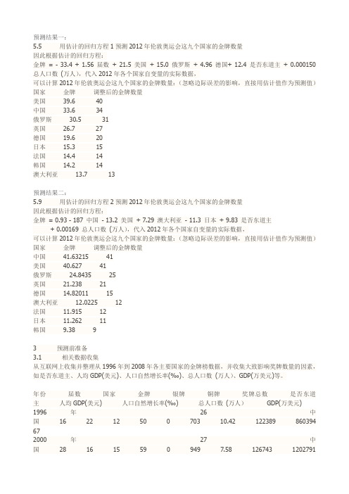 预测2012年伦敦奥运会主要国家金牌以及奖牌总数量