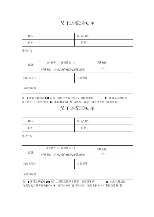 员工违纪通知单