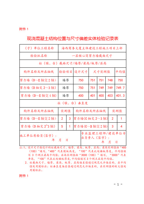 现浇混凝土结构位置与尺寸偏差实体检验记录表