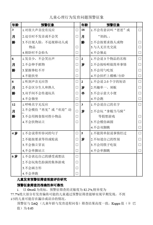 儿童心理行为发育问题预警征象(3月龄--6岁)