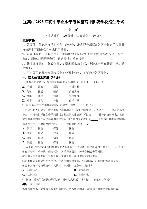 四川省宜宾市2023年初中学业水平考试暨高中阶段学校招生考试(word版含答案))