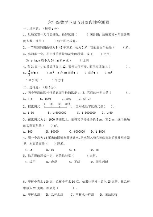 2020年北师大版数学六年级下册五月阶段性检测题