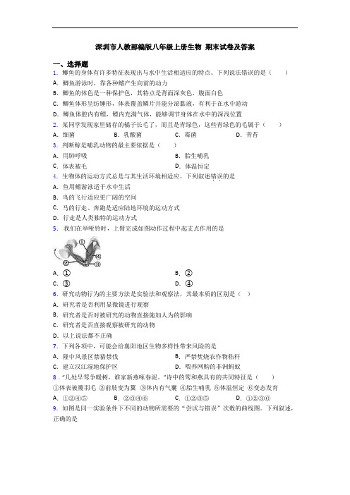 深圳市人教部编版八年级上册生物 期末试卷及答案