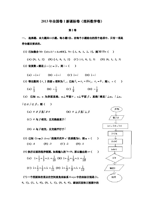 2013年全国卷1新课标卷(理科数学)完整word版