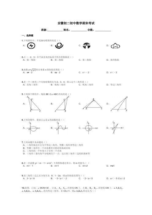 安徽初二初中数学期末考试带答案解析
