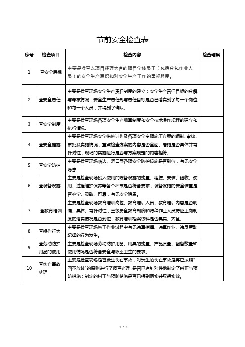 节前安全检查表