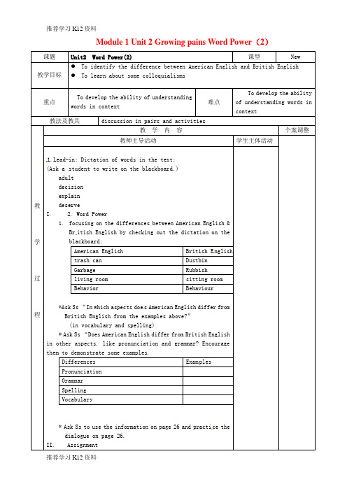 推荐学习K12高中英语 Module 1 Unit 2 Growing pains Word Pow