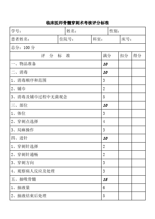 临床医师骨髓穿刺术考核评分标准